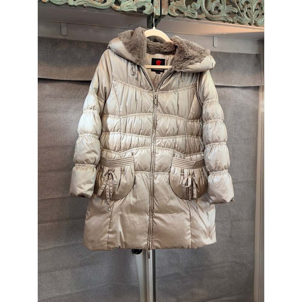 Umberto Severi Womens Champagne Gold Puffer Coat Faux Fur Hood Quilted Jacket